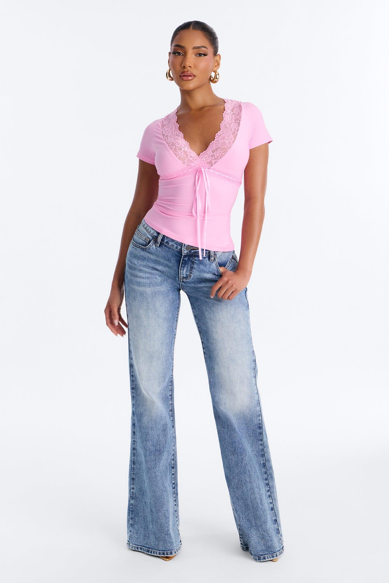 Bridget Lace Trim Short Sleeve Top - Pink Female Product Image