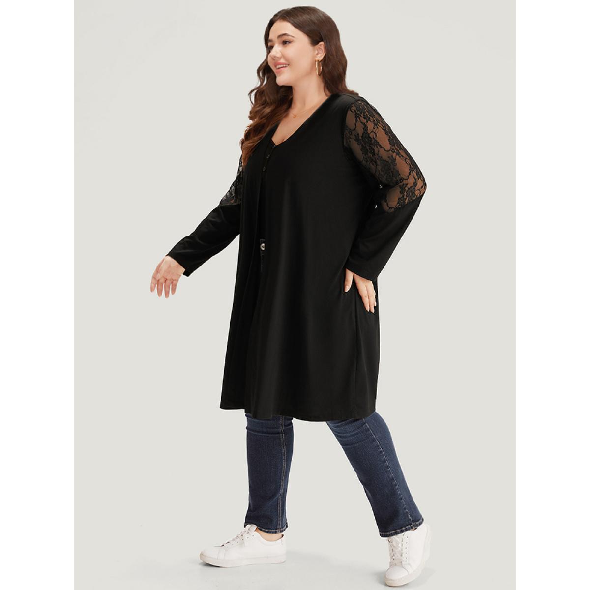Plus Size Supersoft Essentials Solid Crochet Lace Mesh Drape Open Front Coat Women Black Casual Drape Ladies Dailywear Winter Coats BloomChic 18-20/2X Product Image