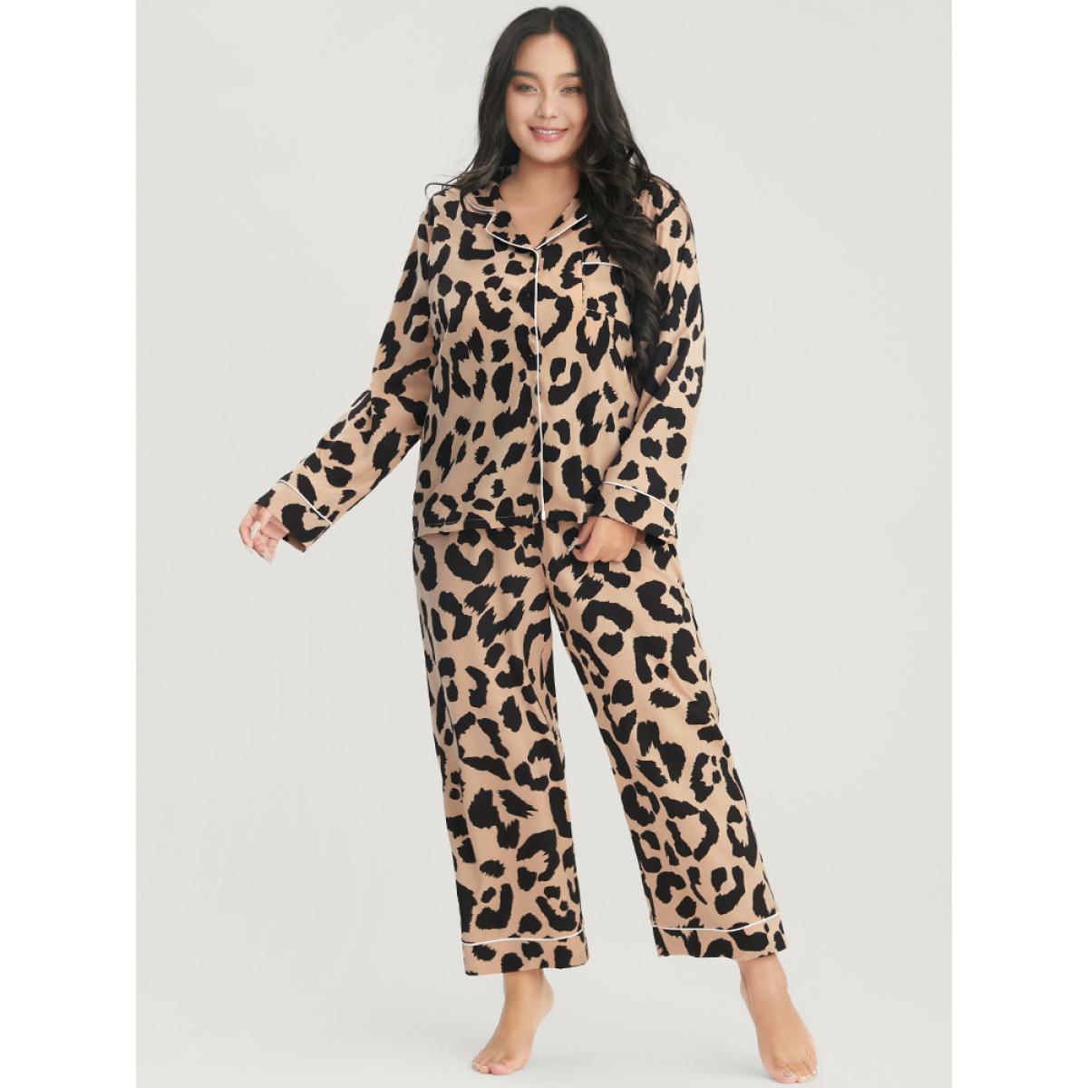 Plus Size Leopard Print Button Up Pocket Pajama Set Women Tan Leopard Patchwork Long Sleeve Shirt collar Casual Loungewear Sets BloomChic 30/6X Product Image