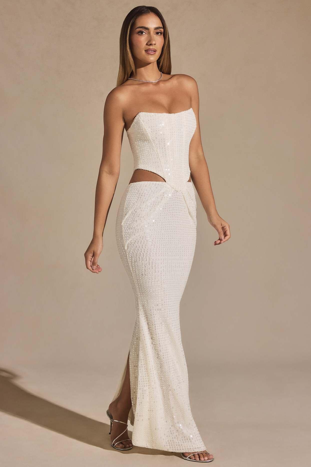 Embellished Cut-Out Draped Corset Gown in White Product Image