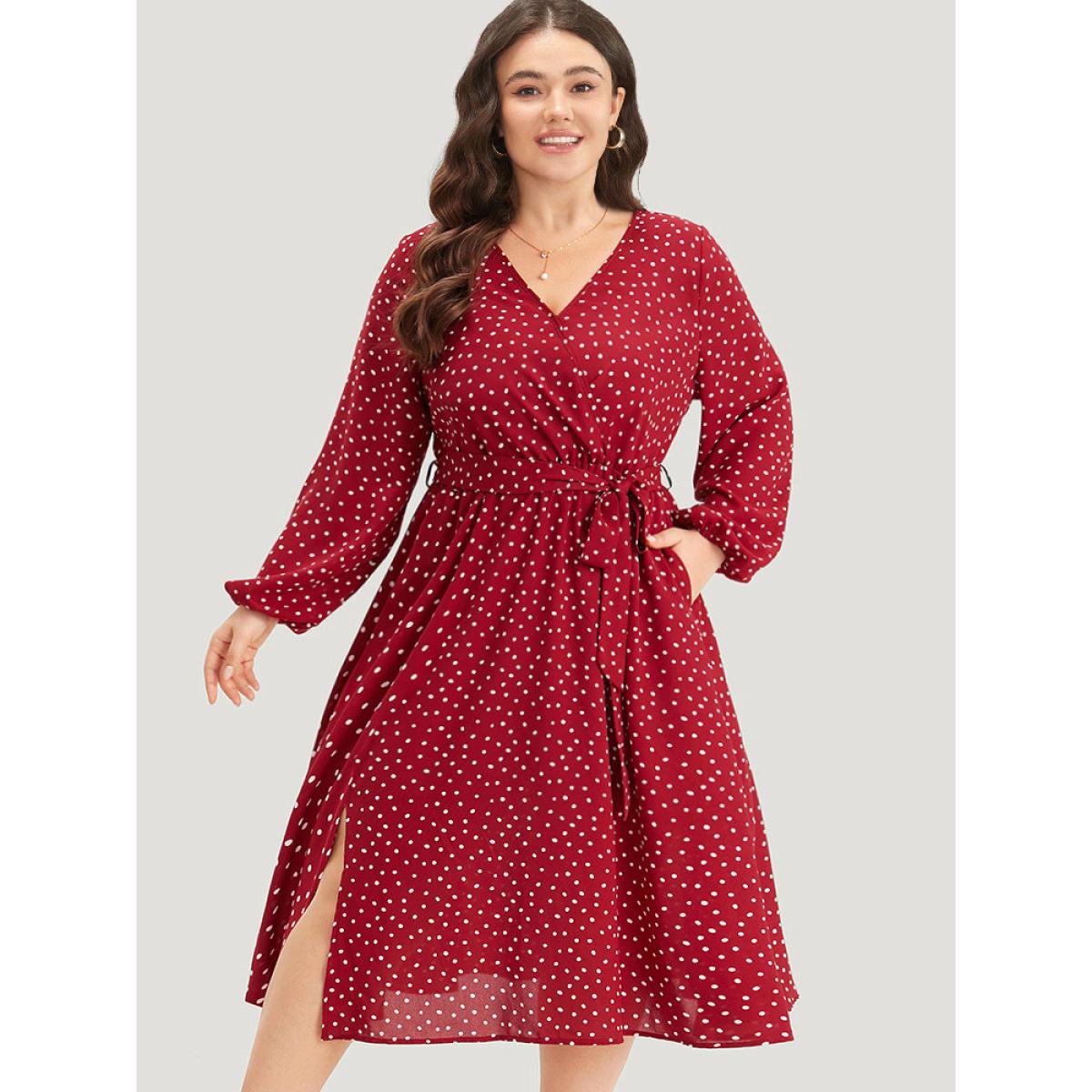 Plus Size Polka Dot Split Side Belted Lantern Sleeve Dress Scarlet Women Elegant Elastic cuffs V-neck Long Sleeve Curvy Midi Dress BloomChic 18-20/2X Product Image