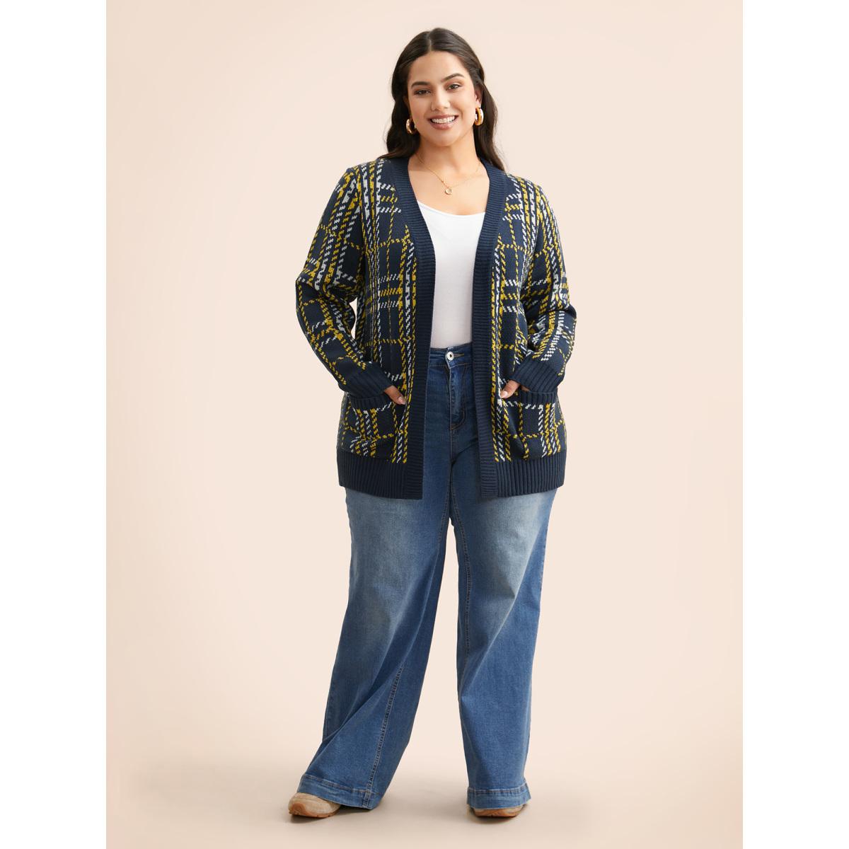 Plus Size Kimono Collar Plaid Pocket Cardigan Indigo Women Casual Loose Long Sleeve Everyday Cardigans BloomChic 14-16/1X Product Image