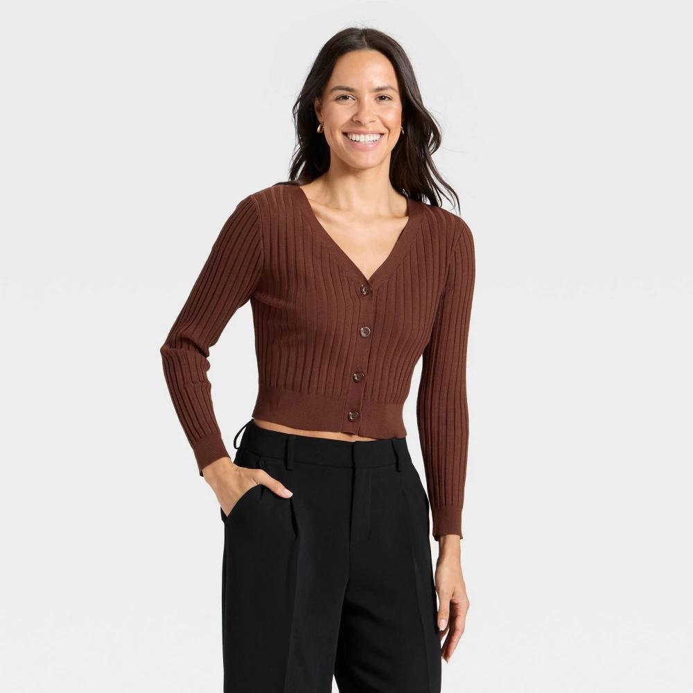 Women's Button-Front Cardigan Sweater - A New Day™ Brown 2X Product Image