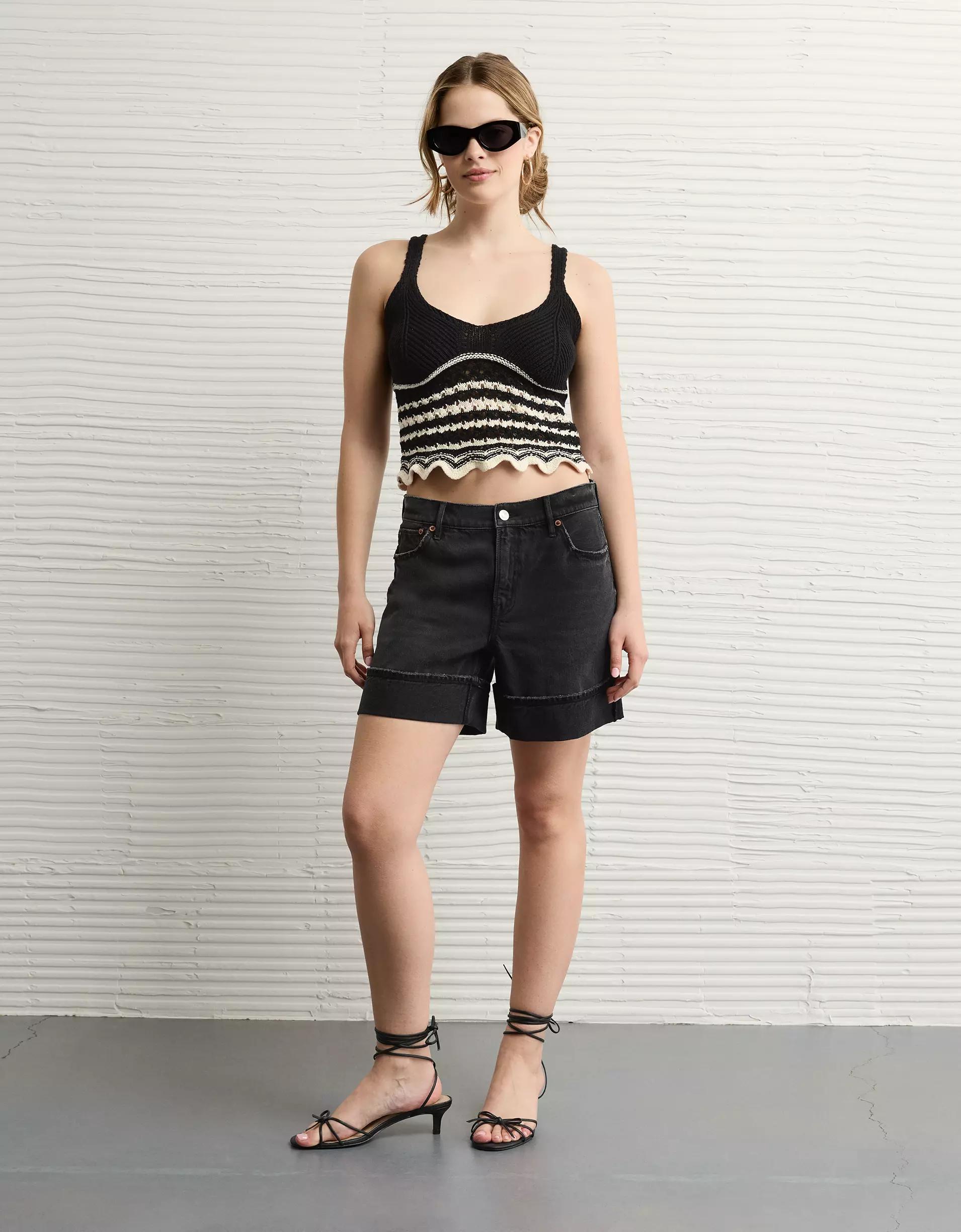 AE V-Neck Pointelle Striped Tank Top Product Image