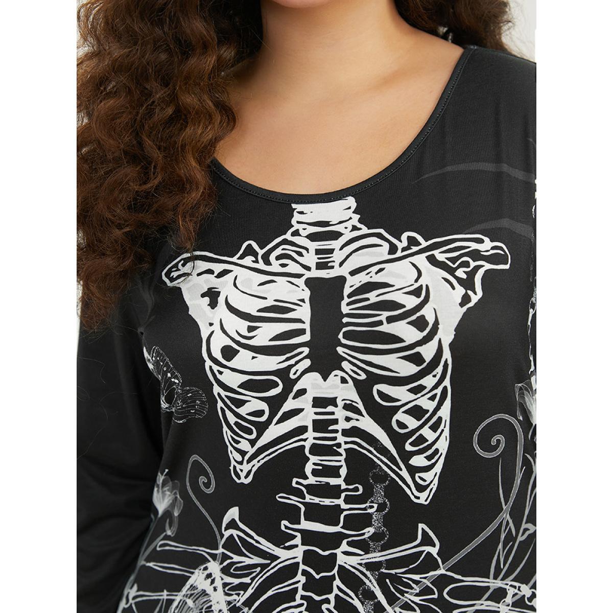 Plus Size Halloween Skull Print Mermaid Hem Dress Black Women Elegant Printed Round Neck Long Sleeve Curvy Long Dress BloomChic 14-16/1X Product Image