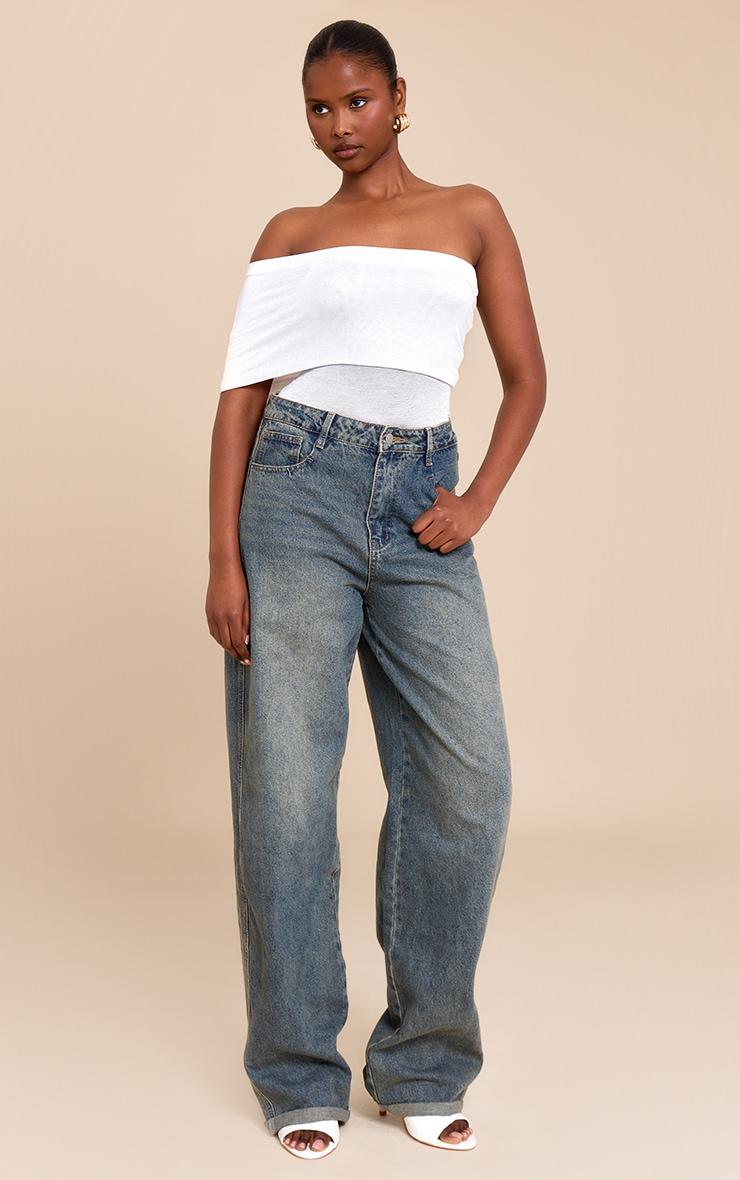 White Sheer Soft Touch Fold Over Detail One Shoulder Long Top Product Image