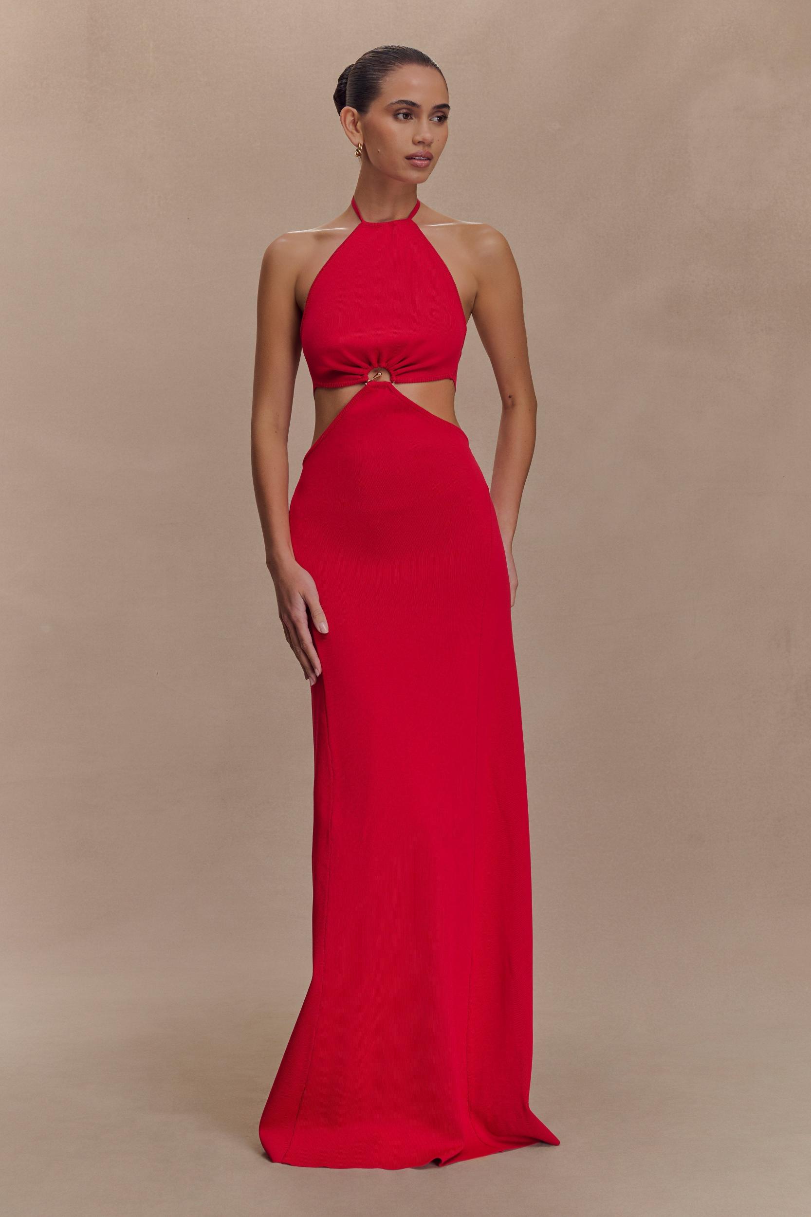 Marlowe Halter Knit Maxi Dress - Red Product Image