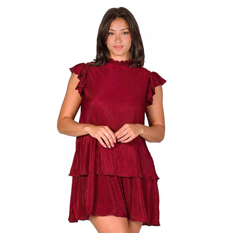 Women's 24Seven Comfort Apparel Ruffle Cap Sleeve High Neck Pleated Tiered Mini Dress,  Product Image
