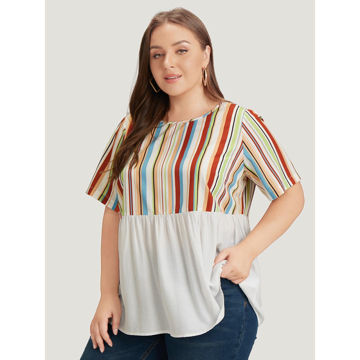 Plus Size Multicolor Rainbow Striped Patchwork Gathered Blouse Women Elegant Short sleeve Round Neck Dailywear Blouses BloomChic 22-24/3X Product Image