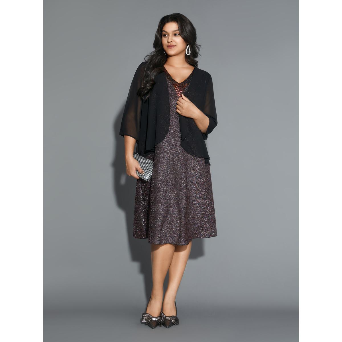 Plus Size 2-In-1 Sequin Patchwork Mesh Dress Black Women Cocktail Texture Party Curvy Bloomchic 14-16/1X Product Image