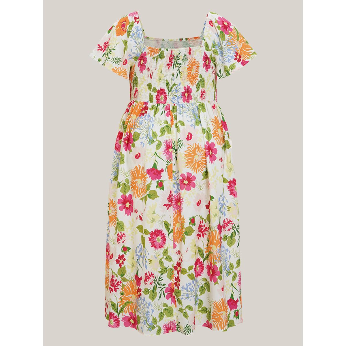 Plus Size Floral Shirred Square Neck Pocket Midi Dress Multicolor Women Romantic Non Square Neck Short sleeve Curvy Midi Dress BloomChic 10/M Product Image