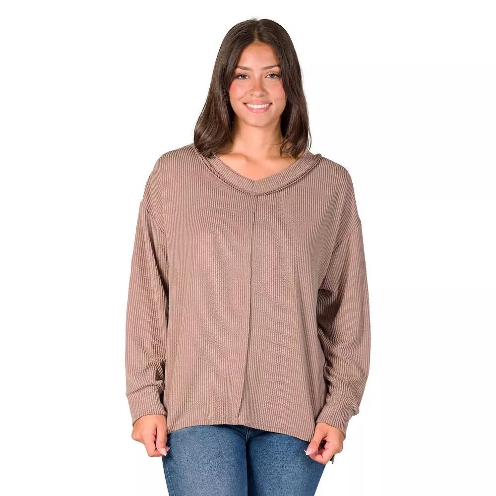 Women's 24Seven Comfort Apparel Relaxed Fit Ribbed V Neck Sweater Top,  Product Image