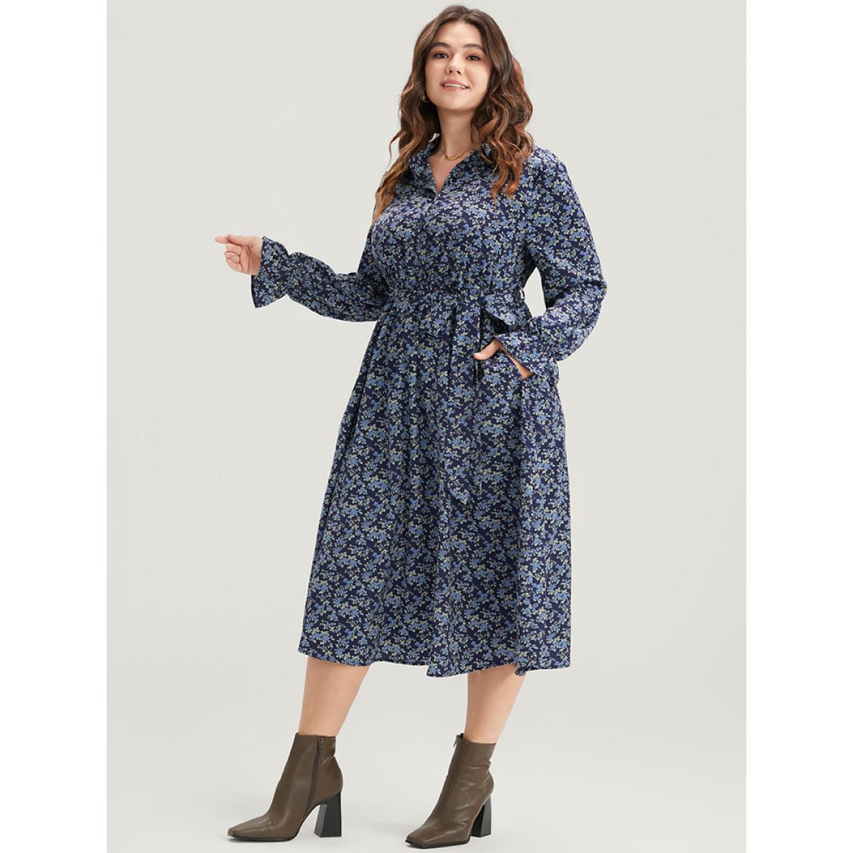 Plus Size Ditsy Floral Pocket Belted Shirt Collar Dress Indigo Women Elegant Elastic Waist Shirt collar Long Sleeve Curvy Midi Dress BloomChic 30/6X Product Image