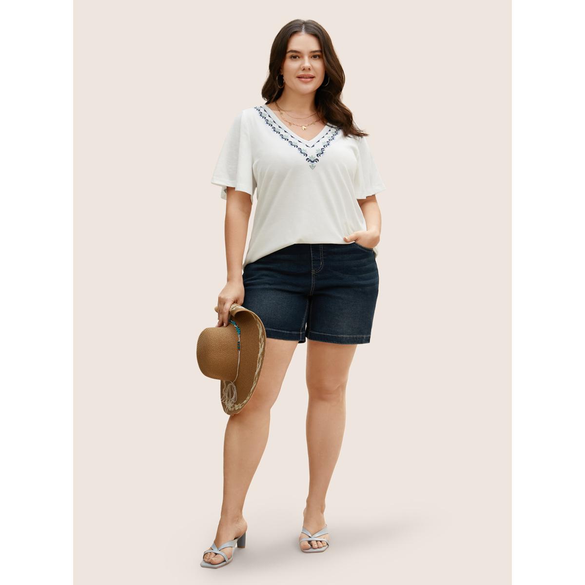 Plus Size V Neck Bandana Embroidered Design T-shirt WhiteSmoke Women Resort Embroidered Art&design V-neck Vacation T-shirts BloomChic 28/5X Product Image