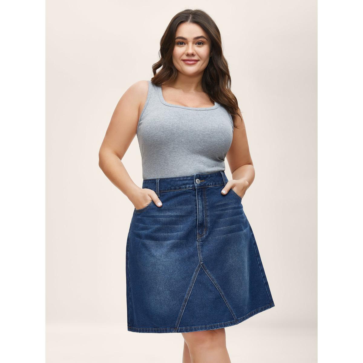 Plus Size A-Line Crisscross Lines Denim Skirt Women Midblue Everyday-Casual No stretch Medium Wash 16/1X Slanted pocket Basics Denim Skirts BloomChic Product Image