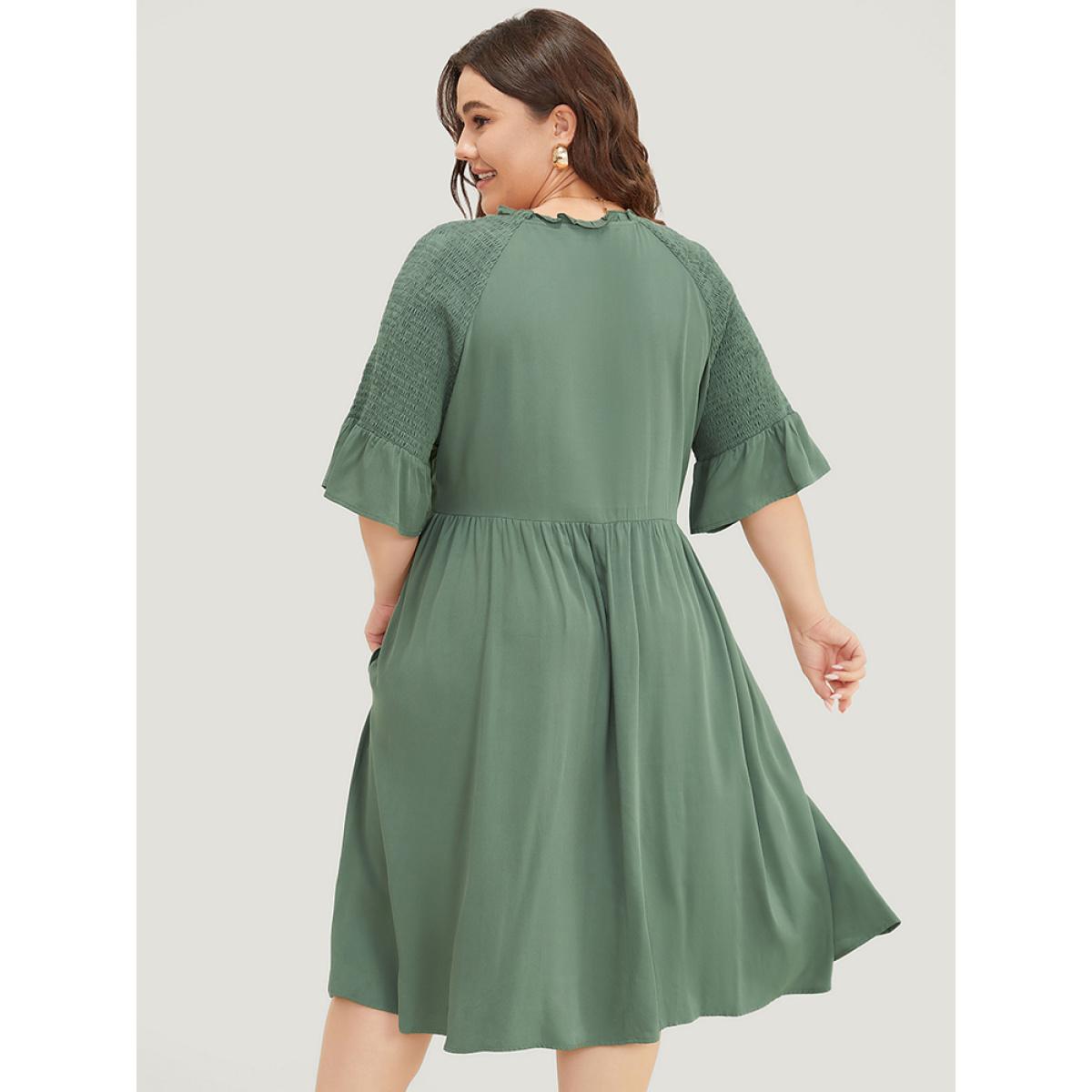Plus Size Plain Frill Trim Button Detail Pocket Ruffles Shirred Sleeve Dress Mint Women Elegant Frill Trim V-neck Half Sleeve Curvy Midi Dress BloomChic 22-24/3X Product Image