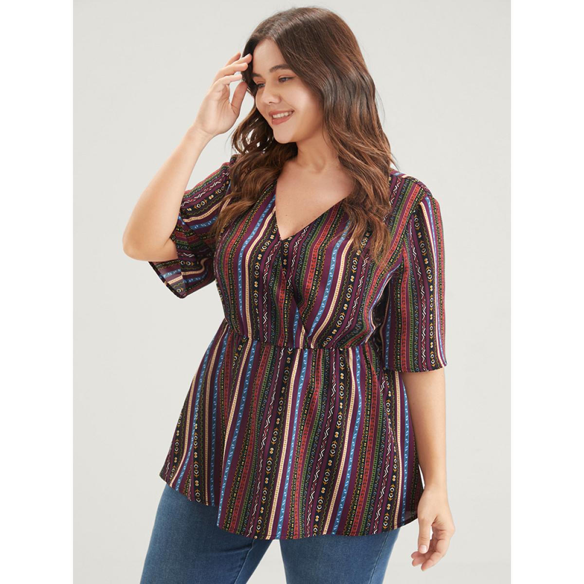 Plus Size Multicolor Striped Elastic Waist Button Ruffles Wrap Blouse Women Elegant Short sleeve V-neck Dailywear Blouses BloomChic 10/M Product Image