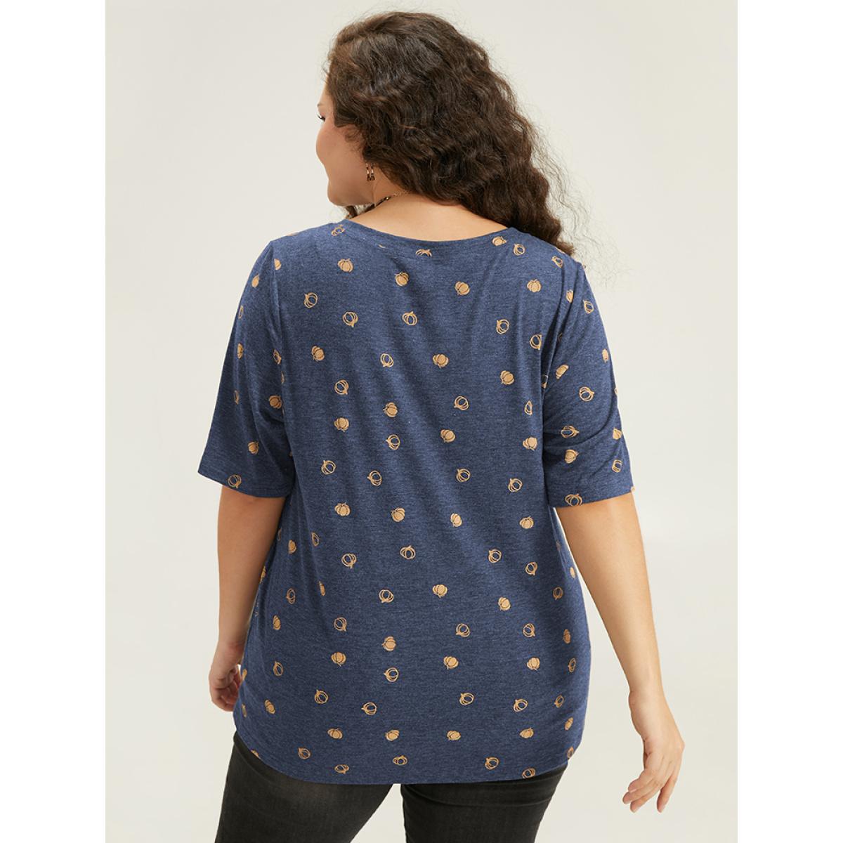 Plus Size Halloween Pumpkin Print Crew Neck T-shirt Indigo Women Casual Printed Graphic-Halloween Round Neck Festival-Halloween T-shirts BloomChic 30/6X Product Image
