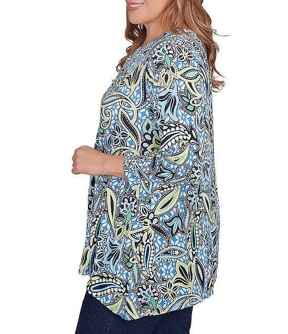 Ruby Rd. Plus Size Balinese Ikat Print Knit Crew Neck Lace Up Front Placket 3/4 Sleeve Top Product Image