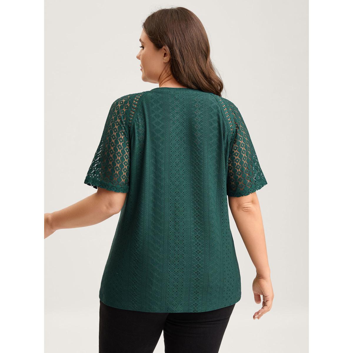 Plus Size Eyelet Trim Lace Cut-Out Solid T-Shirt Cyan Women Leisure Round Neck Casual T-shirts BloomChic 22-24/3X Product Image