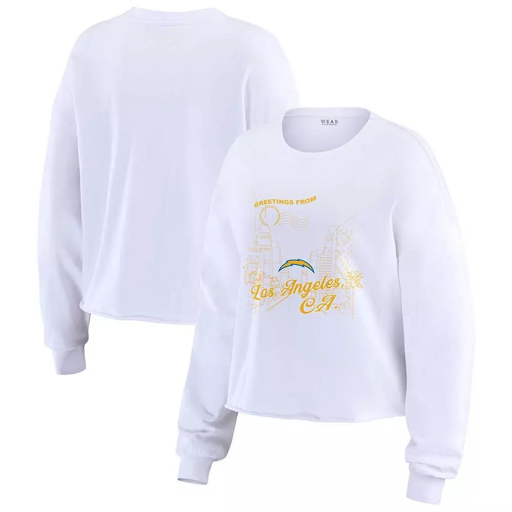 Women's WEAR by Erin Andrews White Los Angeles Chargers Postcard Cropped Long Sleeve Top, Size: Small Product Image