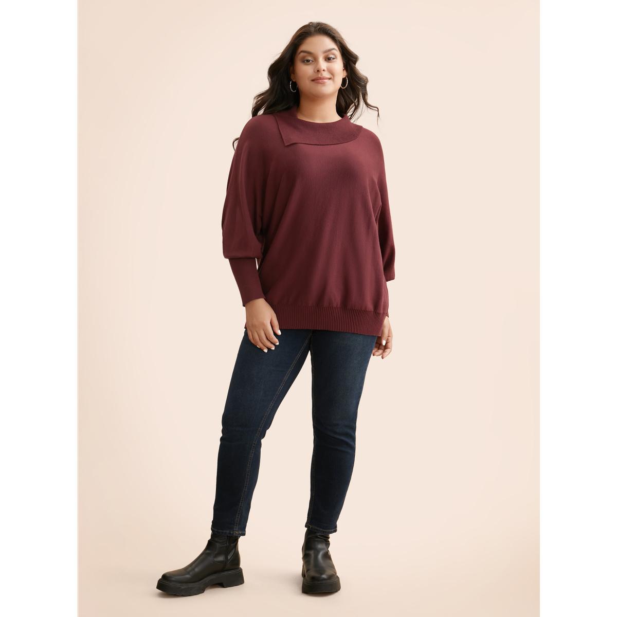 Plus Size Supersoft Essentials Asymmetrical Neck Dolman Sleeve Pullover Scarlet Women Casual Loose Long Sleeve Asymmetrical Neck Everyday Pullovers BloomChic 22-24/3X Product Image