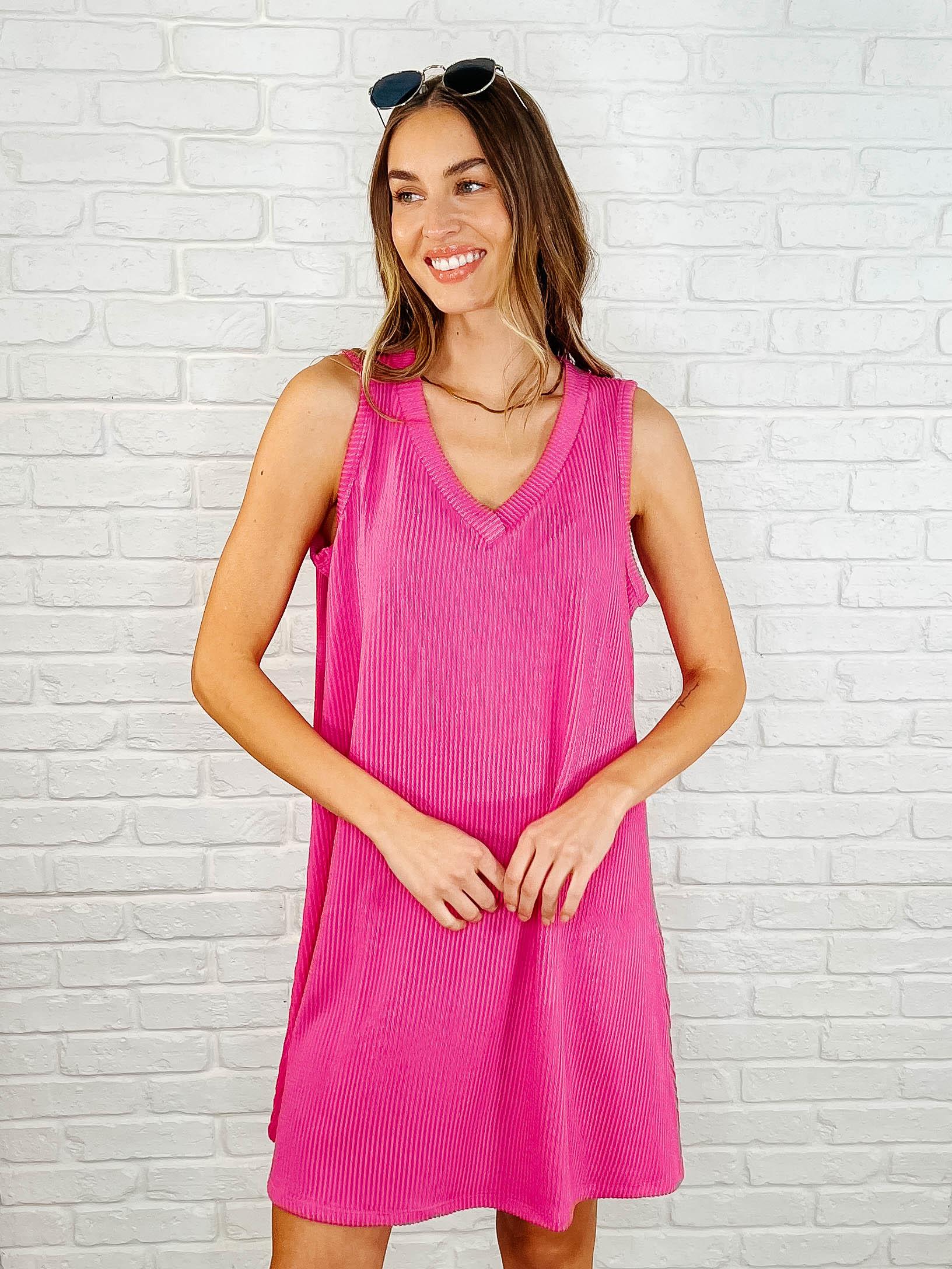 The Power I Hold V-Neck Ribbed Knit Dress in Fuchsia Product Image