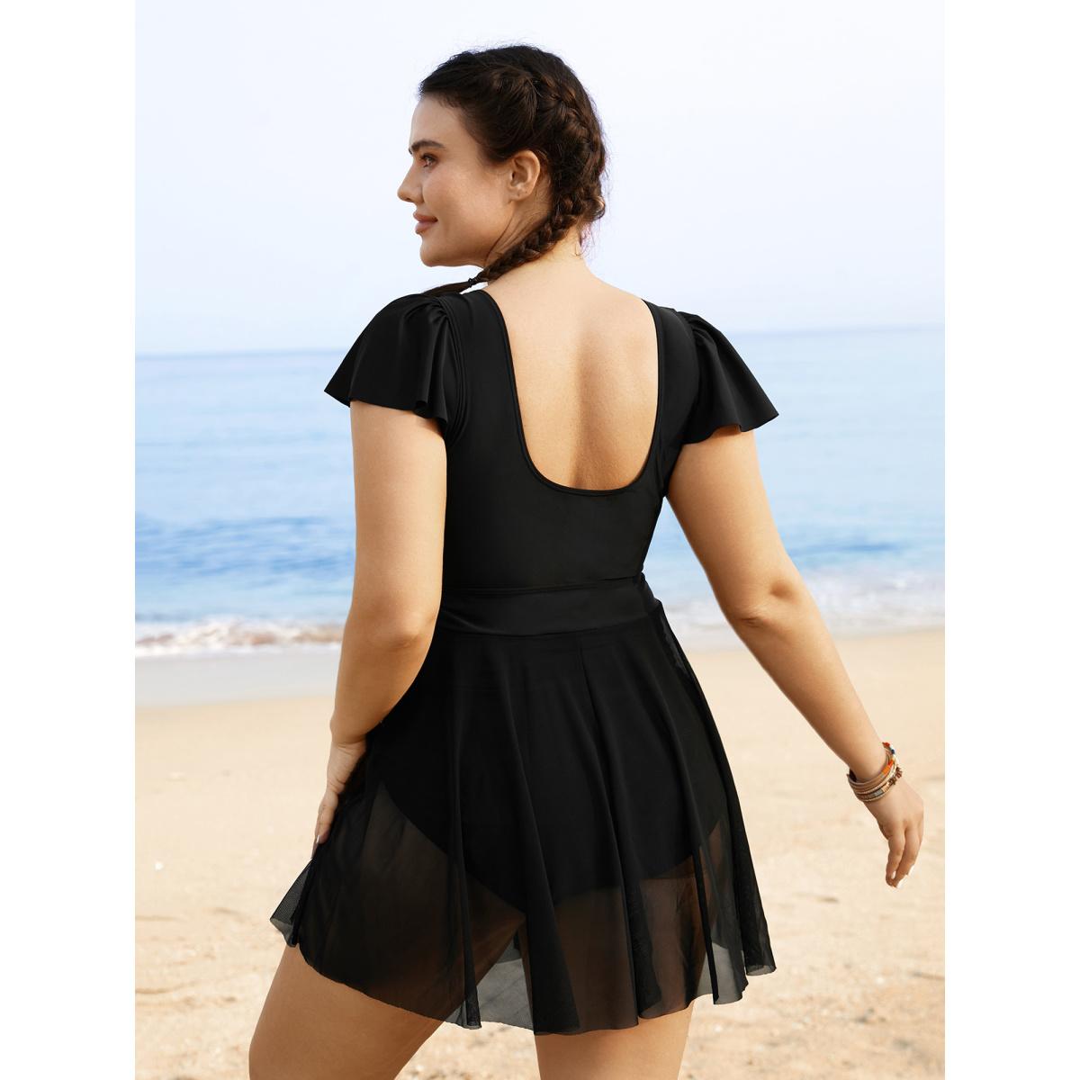 Plus Size Solid Ruffles Gathered See Through Swim Dress Women's Swimwear Black Beach Bodycon V-neck High stretch Curve Swim Dresses BloomChic 12/L Product Image