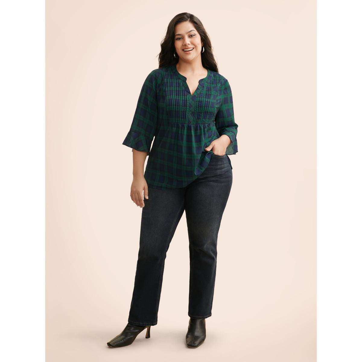 Plus Size Indigo Notched Plaid Ruffles Pleated Blouse Women Casual Elbow-length sleeve Flat collar with V-notch Everyday Blouses BloomChic 12/L Product Image