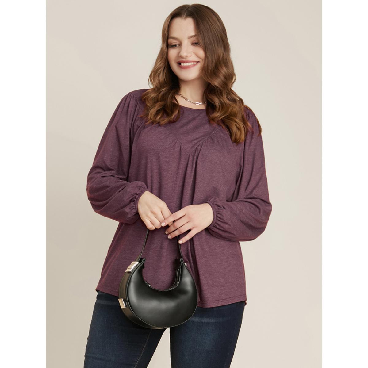 Plus Size DustyPink Solid Round Neck Gathered Lantern Sleeve Blouse Women Elegant Long Sleeve Round Neck Dailywear Blouses BloomChic 10/M Product Image