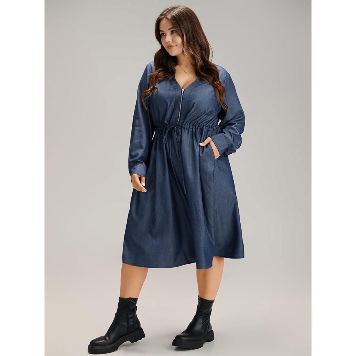 Plus Size Denim Half Zip Drawstring Elastic Waist Dress Indigo Women Casual Plain Notched collar Long Sleeve Curvy Midi Dress BloomChic 14-16/1X Product Image