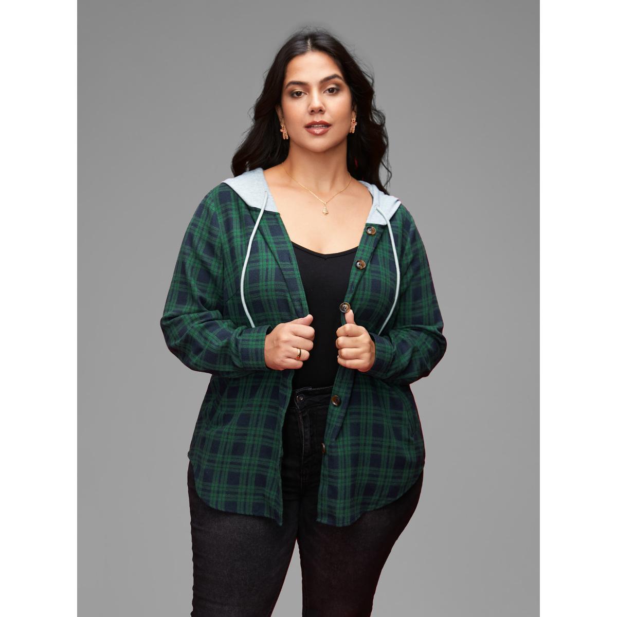 Plus Size Plaid Hooded Drawstring Jacket Women DarkGreen Contrast Slanted pocket Everyday Jackets BloomChic 26/4X Product Image