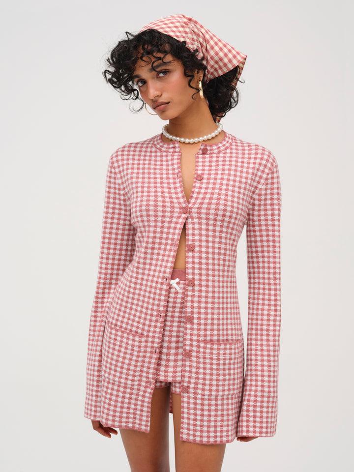 Gingham Knit Jacket — Mauve Product Image