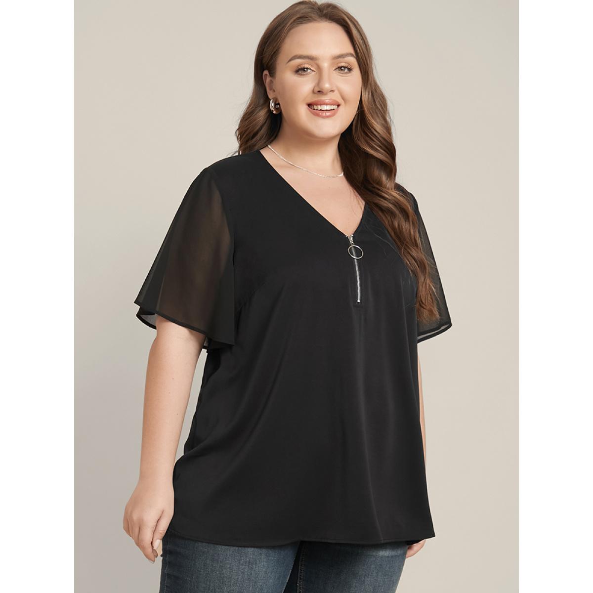 Plus Size Black Solid O Ring Zipper Mesh Ruffle Sleeve V Neck Blouse Women Office Short sleeve V-neck Work Blouses BloomChic 22-24/3X Product Image