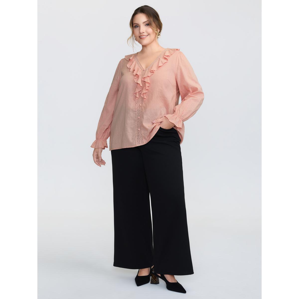 Plus Size Nudepink Textured Ruffled V-Neck Blouse Women Timeless Long Sleeve V-neck Elegant Blouses BloomChic 28/5X Product Image