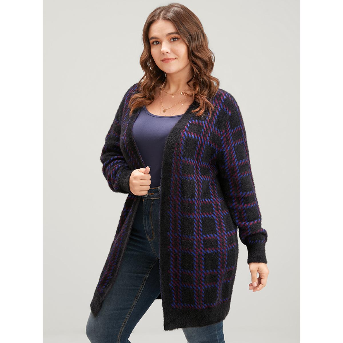 Plus Size Plaid Contrast Soft Sexy Yarn Knit Fluffy Open Front Cardigan BlackFlower Women Casual Loose Long Sleeve Everyday Cardigans BloomChic 10/M Product Image