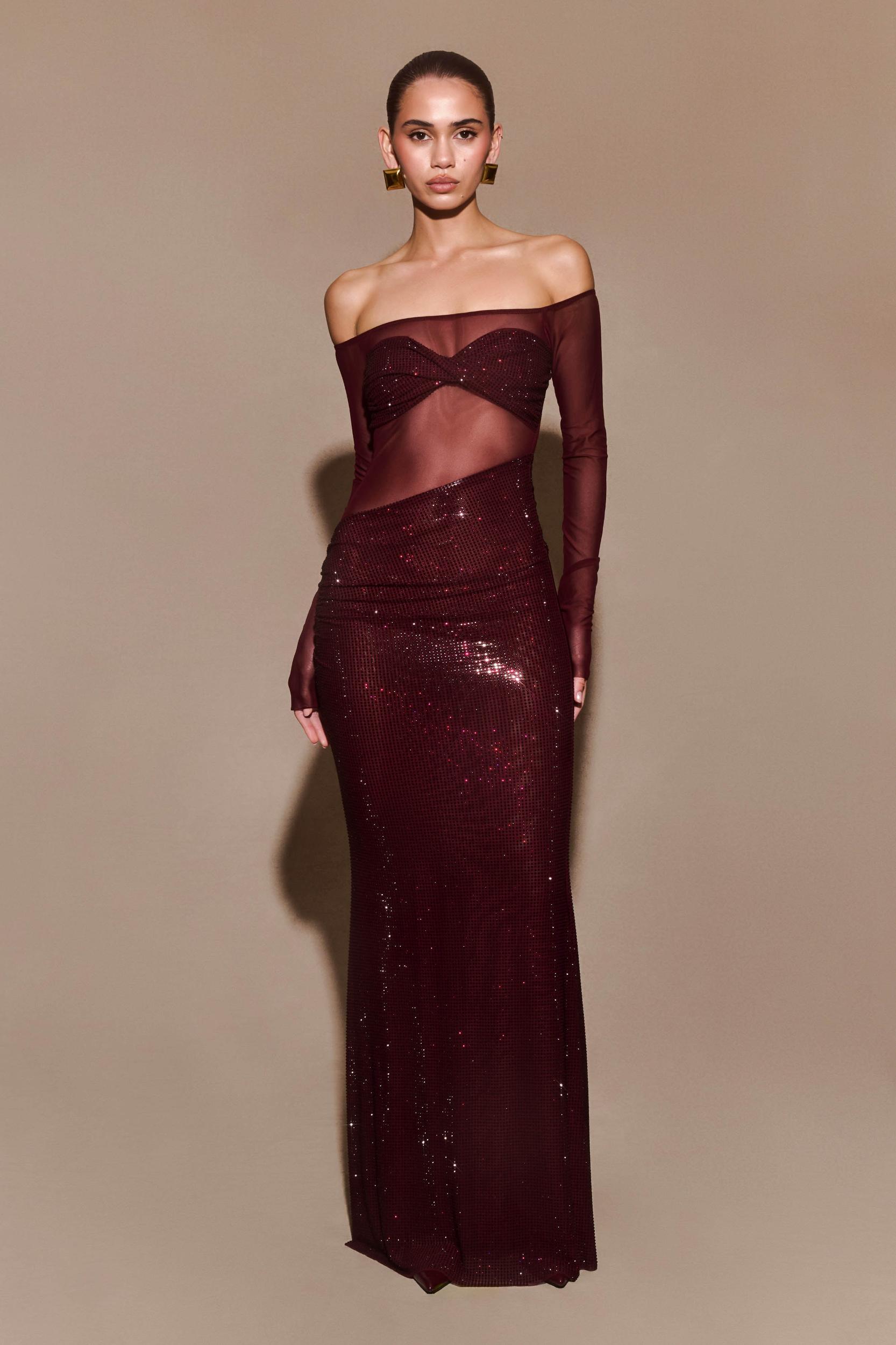 Nash Diamante Off Shoulder Maxi Dress - Mahogany Product Image