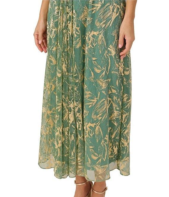 Adrianna Papell Sheath Pleated Bodice V-Neck Sleeveless Metallic Crinkle Chiffon Midi Dress Product Image