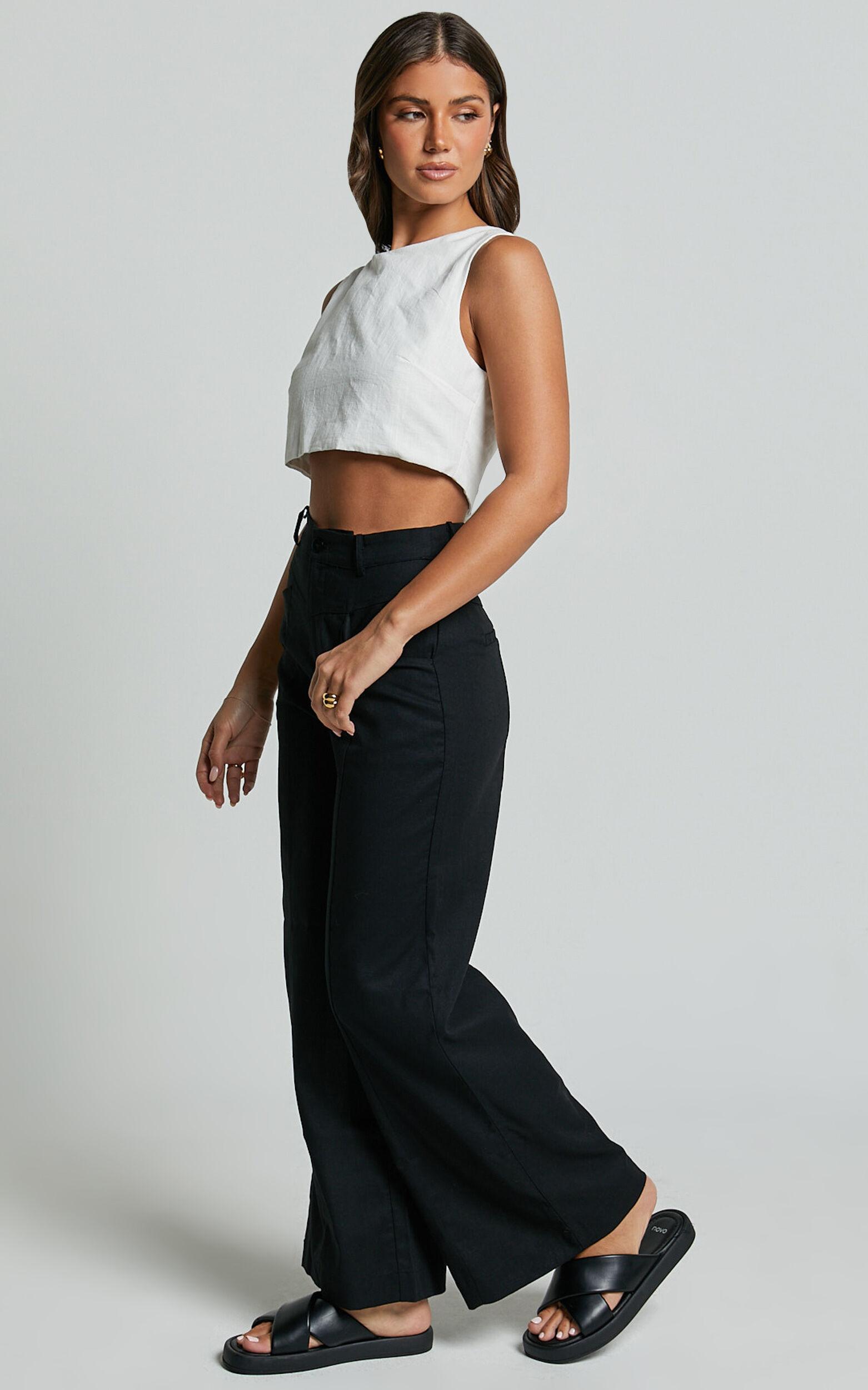 Skye Pants - Linen High Waisted Seam Detail Pants in Black Product Image