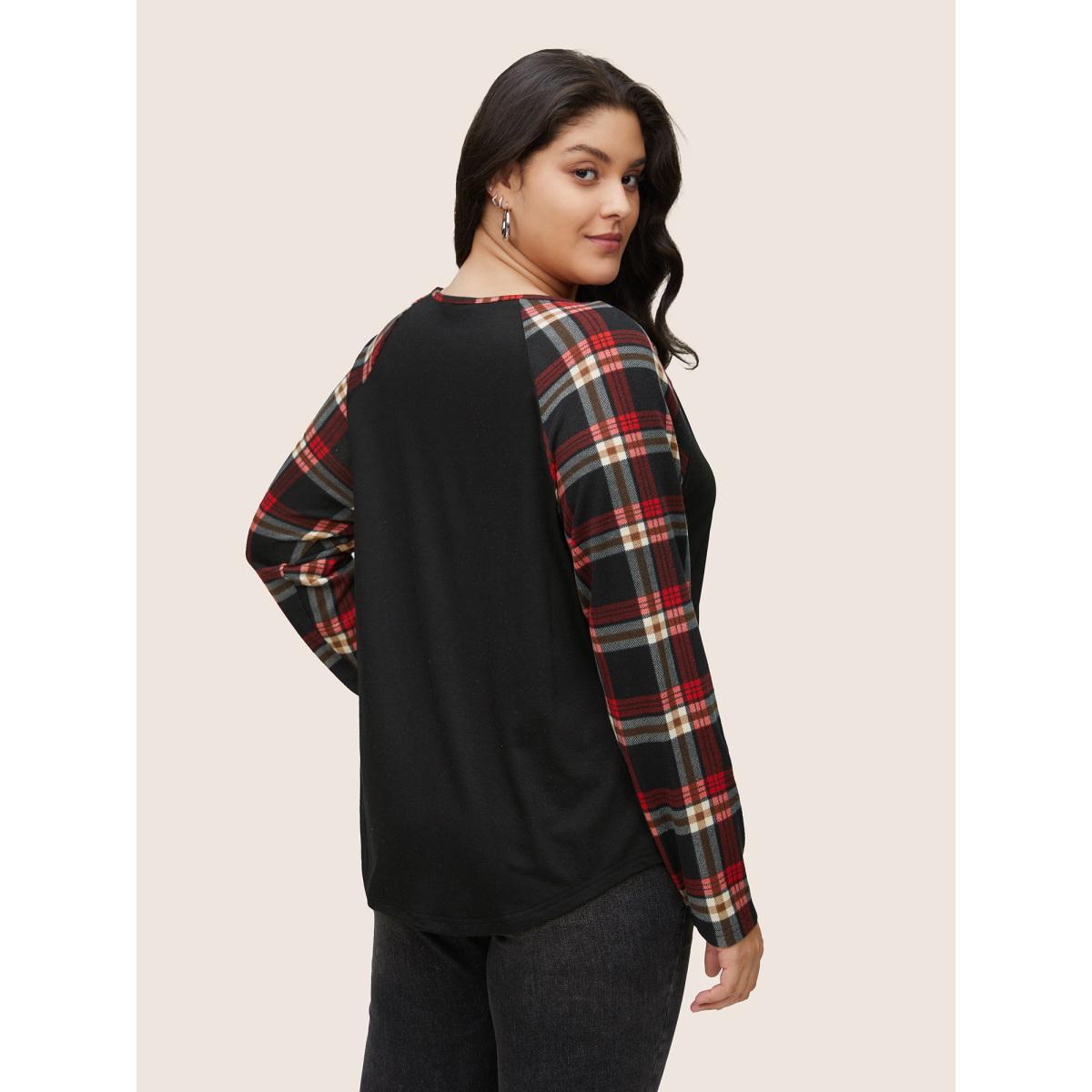 Plus Size Plaid Patchwork Raglan Sleeve Crisscross T-shirt Burgundy Women Casual Patchwork Plaid V-neck Dailywear T-shirts BloomChic 10/M Product Image