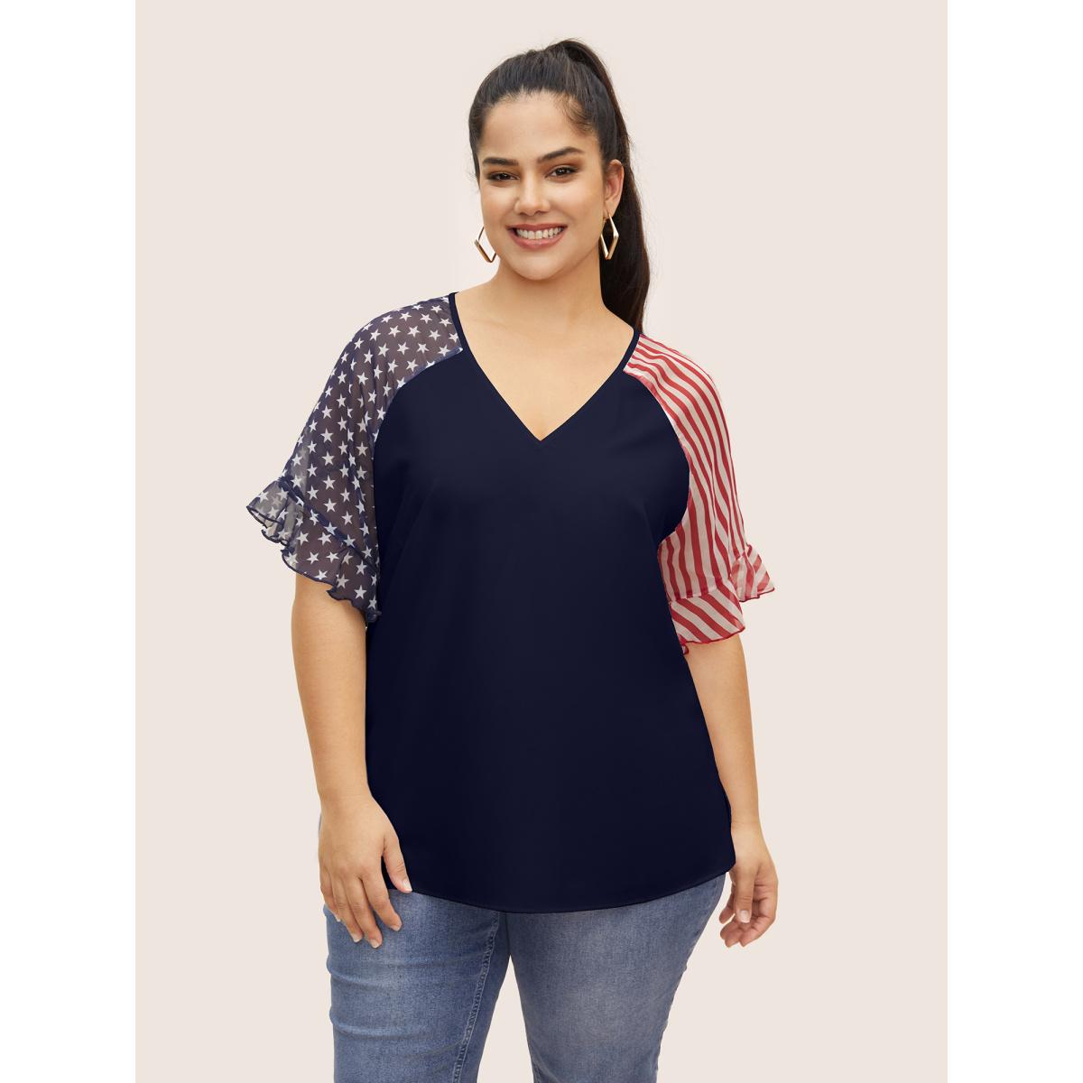 Plus Size Midnight Star & Striped Ruffles Raglan Sleeve Blouse Women Casual Short sleeve V-neck Everyday Blouses BloomChic 10/M Product Image