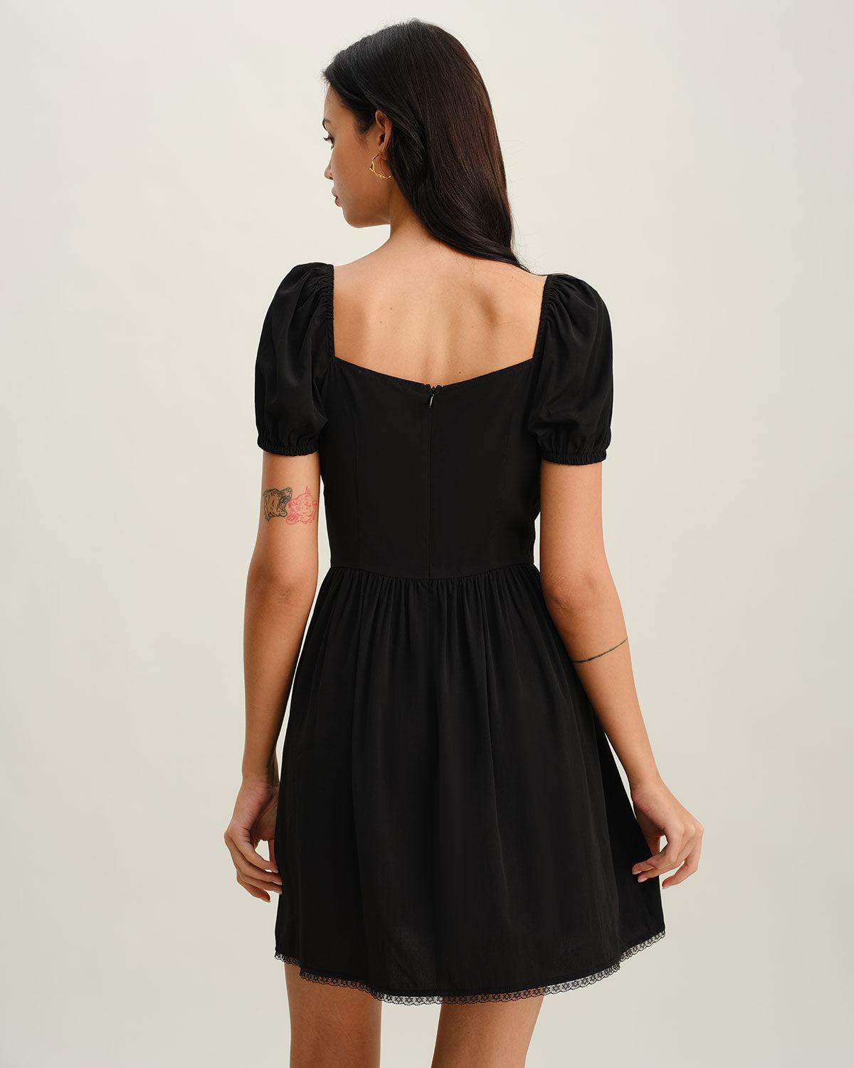Black Sweetheart Neck Puffed Sleeve Mini Dress Product Image