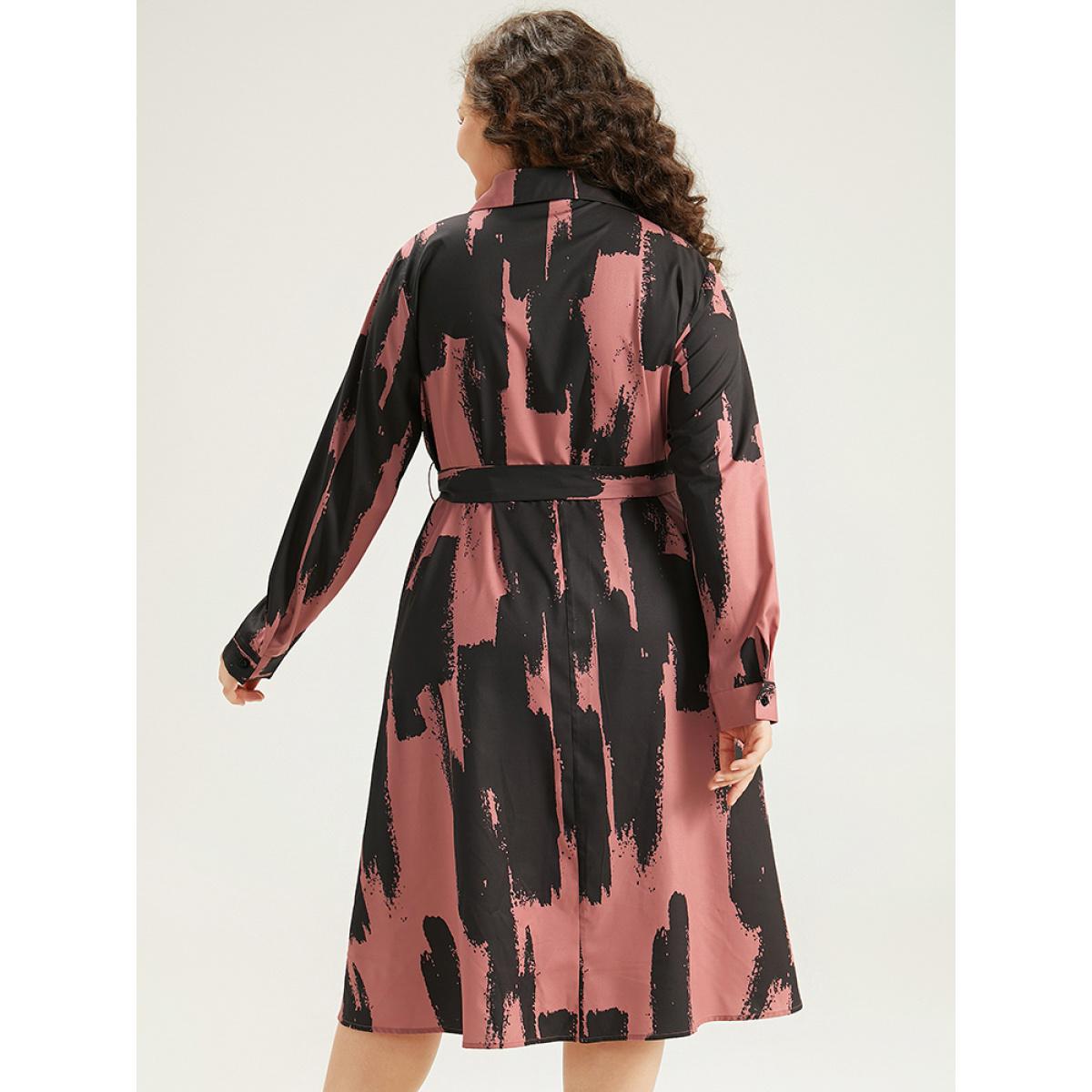 Plus Size Brush Print Shirt Collar Pocket Belted Dress Multicolor Women Office Belted Shirt collar Long Sleeve Curvy Midi Dress BloomChic 12/L Product Image