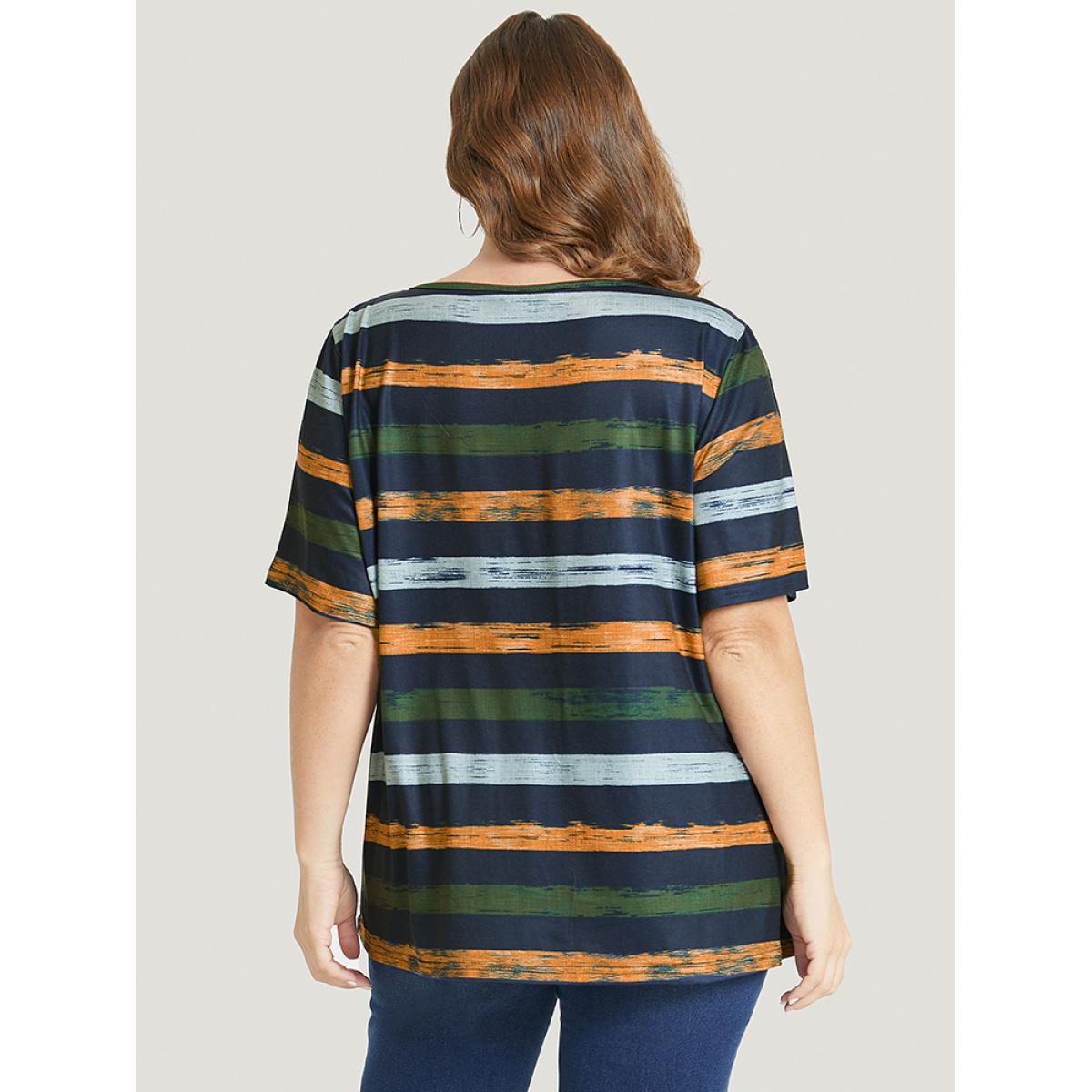 Plus Size Striped Contrast Crisscross Neck T-shirt Moss Women Casual Striped V-neck Dailywear T-shirts BloomChic 30/6X Product Image