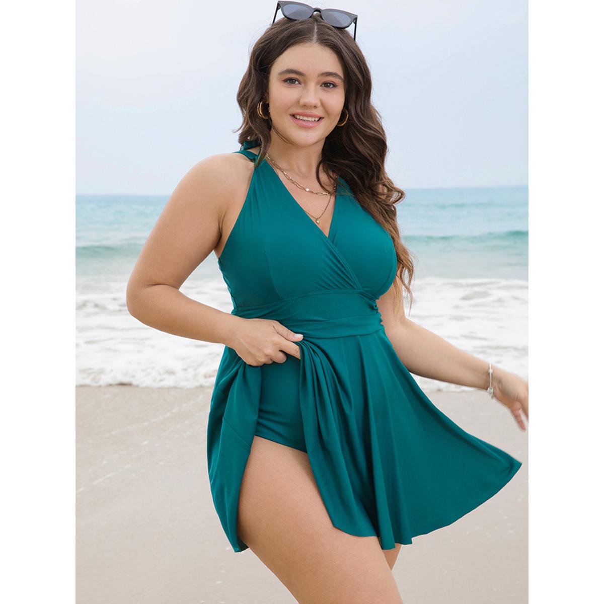 Plus Size Solid Ruffle Hem Empire Waist Halter Neck Swim Dress Women's Swimwear Indigo Resort Bodycon Halter neck High stretch Curve Swim Dresses BloomChic 18-20/2X Product Image
