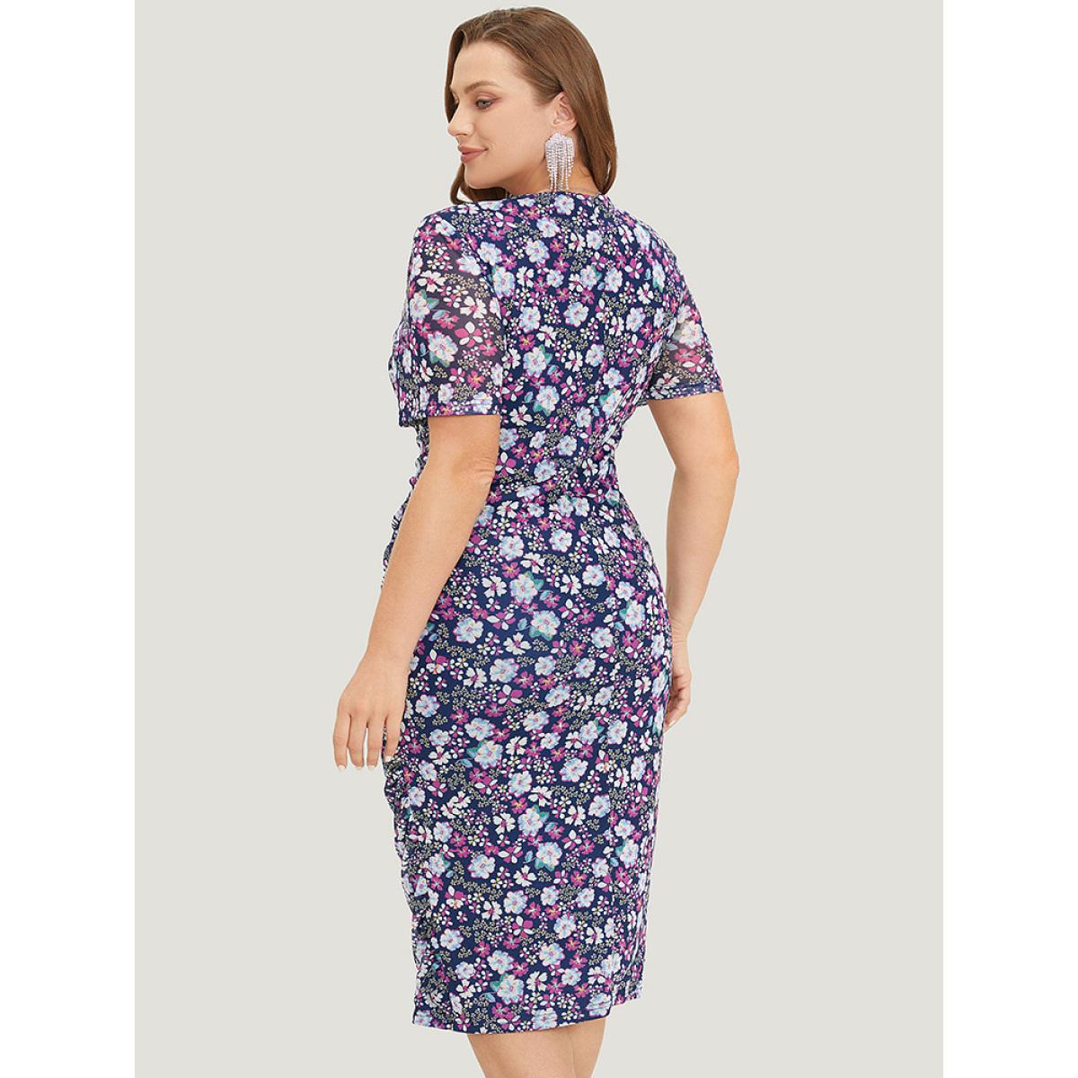 Plus Size Floral Print Ruched Square Neck Dress Stone Women Glamour Gathered Square Neck Short sleeve Curvy Midi Dress BloomChic 30/6X Product Image