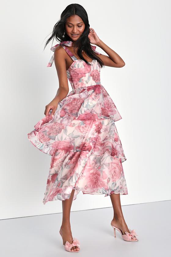 Playfully Posh Blush Floral Organza Tie-Strap Tiered Midi Dress Product Image