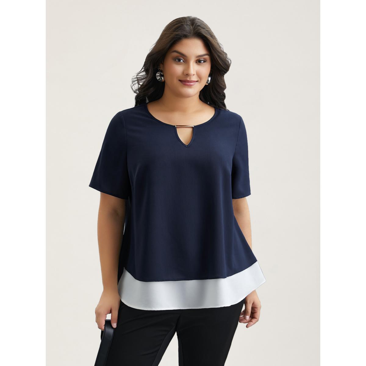 Plus Size Indigo Neck Cut-Out Color Contrast Shirt Women At the Office Short sleeve Round Neck Work Blouses BloomChic 26/4X Product Image