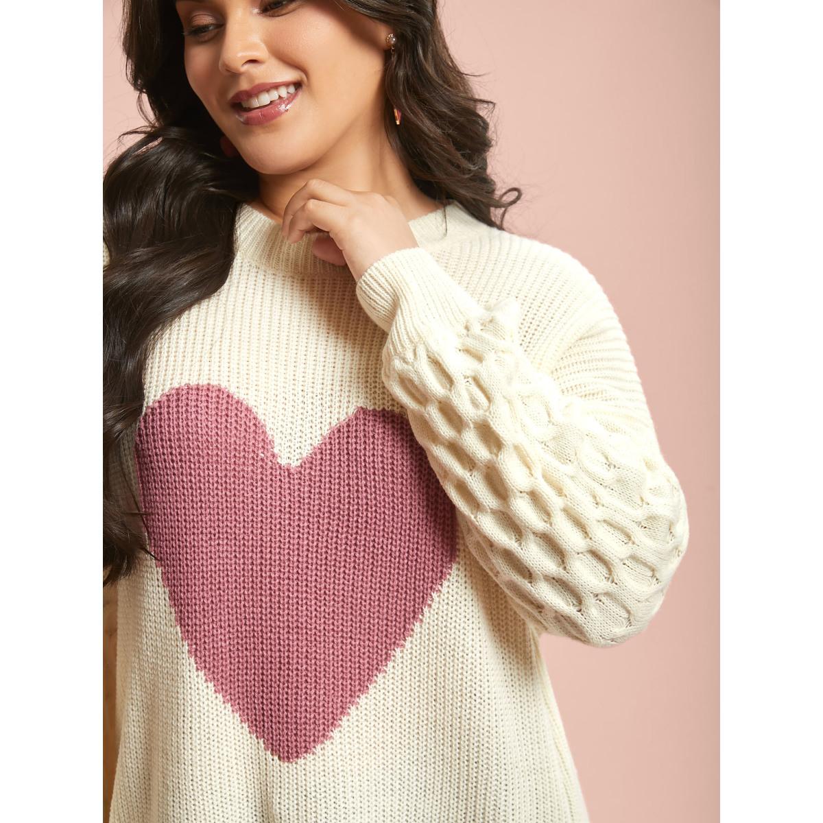 Plus Size Round Neck Heart Cable Knit Pullover Ivory Women Playful Loose Long Sleeve Round Neck Casual Pullovers BloomChic 28/5X Product Image