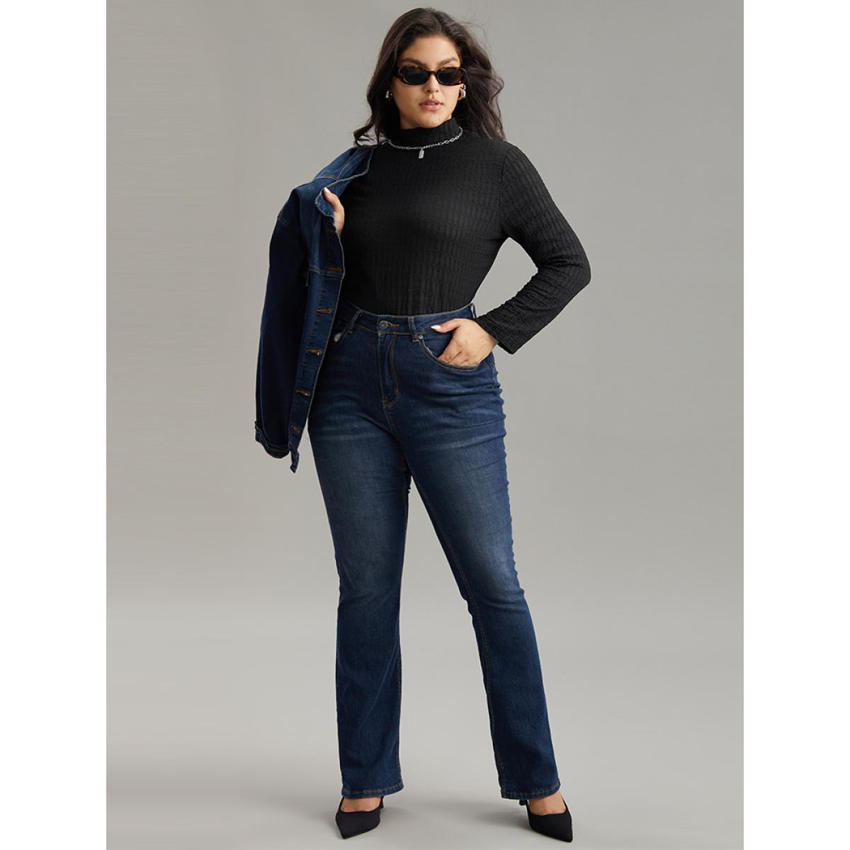 Plus Size Plain Texture Mock Neck T-shirt Black Women Elegant Texture Plain Mock Neck Dailywear T-shirts BloomChic 28/5X Product Image